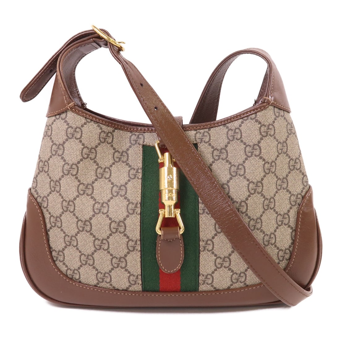 Gucci Jackie 1961 Small Brown Coated Canvas Shoulder Bag with Gold Hardware: Gucci Jackie 1961 Small Brown Coated Canvas Shoulder Bag with Gold Hardware This Gucci Jackie 1961 small shoulder bag features a brown PVC coated canvas exterior with gold-tone hardware. Crafted in It