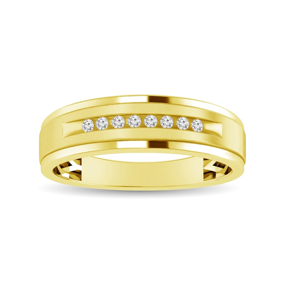 Mens 1/10 Ct.tw Diamond Band in 10K Yellow Gold: Mens 1/10 Ct.tw Diamond Band in 10K Yellow Gold Surprise the man you love with this impressive diamond band. Crafted in cool 10K yellow gold, this dazzling style showcases eight diamonds glistening ac