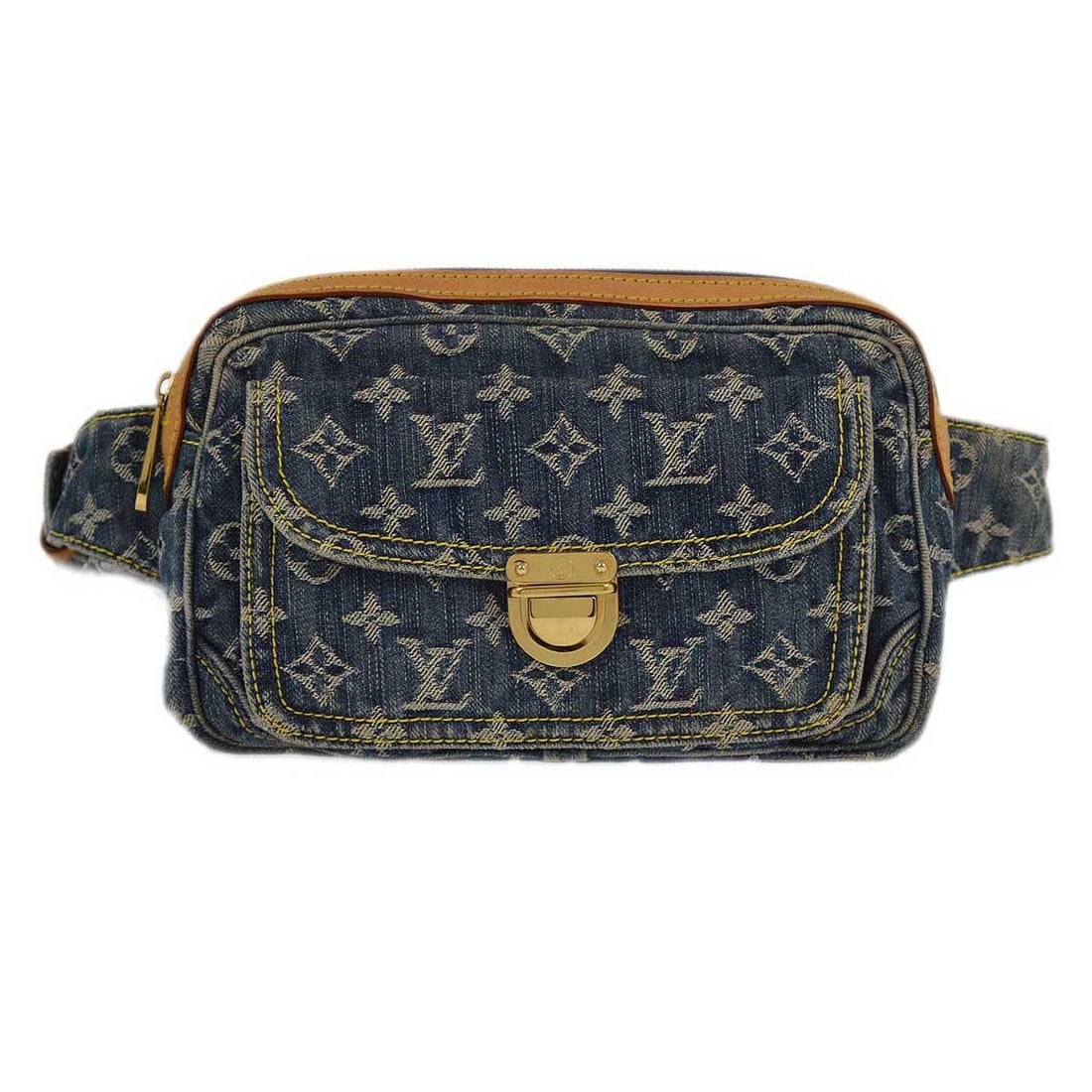 Louis Vuitton Blue Monogram Denim Bum Bag M95347 with Gold-Plated Accents: Louis Vuitton Blue Monogram Denim Bum Bag M95347 with Gold-Plated Accents This stylish Louis Vuitton Blue Monogram Denim Bum Bag is the perfect accessory for casual outings. Featuring a vibrant blue d