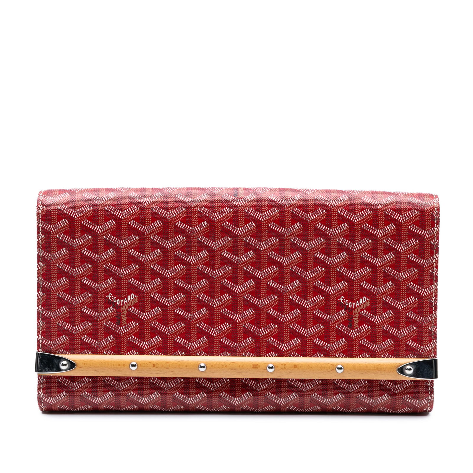 Goyard Goyardine Monte Carlo Bois Clutch Red Coated Canvas: Goyard Goyardine Monte Carlo Bois Clutch Red Coated Canvas The Goyardine Monte Carlo Bois Clutch is a stylish accessory crafted from coated canvas with elegant leather trim. It features a secure front