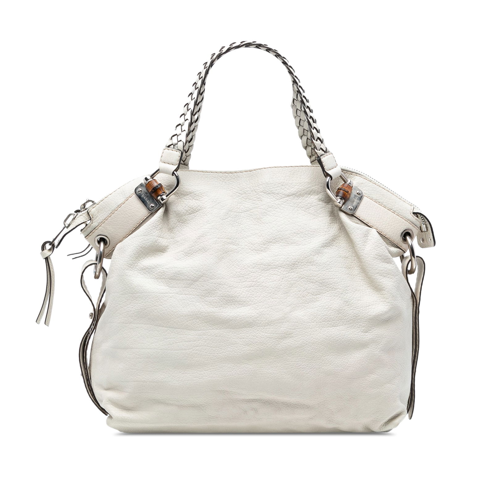 Gucci Large Leather Bamboo Bar Tote White Bag: Gucci Large Leather Bamboo Bar Tote White Bag This Gucci Large Leather Bamboo Bar Tote showcases an elegant design with a white leather body and braided leather shoulder straps. It features a secure t