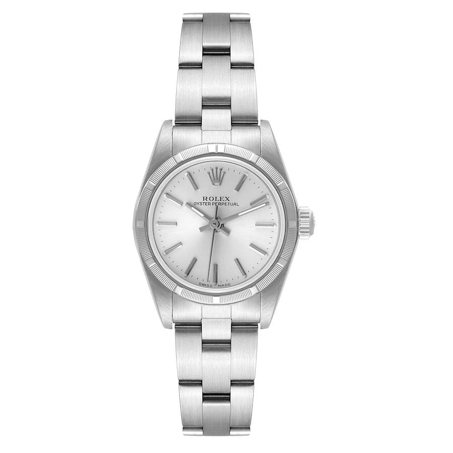Ladies Oyster Perpetual Ref 76030 Silver Stick Dial Watch: Ladies Oyster Perpetual Ref 76030 Silver Stick Dial Watch This Rolex Oyster Perpetual wristwatch features a silver stick dial and an engine-turned bezel. Designed for ladies, it comes with a classic O