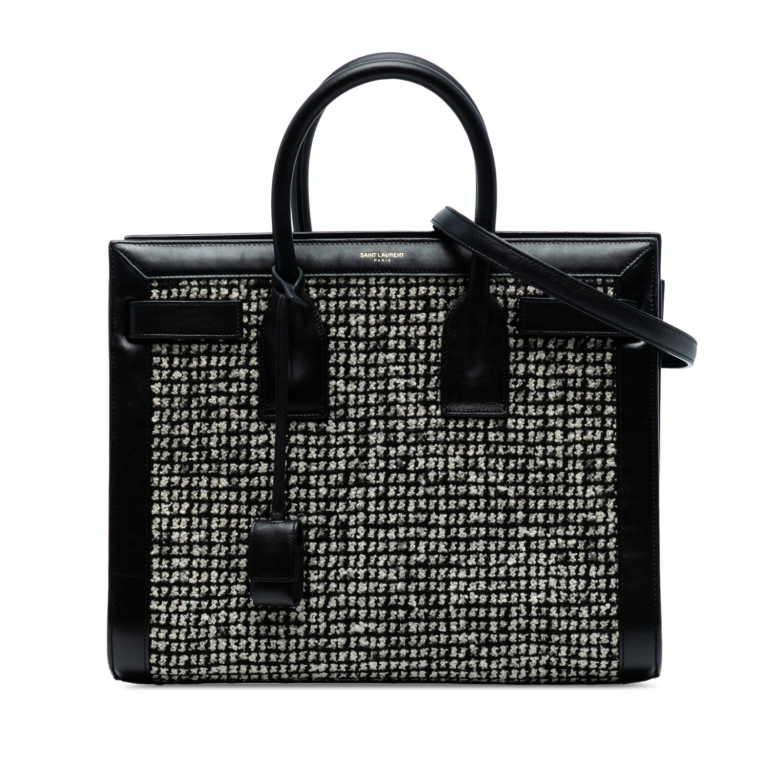 Saint Laurent Small Houndstooth Sac De Jour Satchel Black Fabric Italy: Saint Laurent Small Houndstooth Sac De Jour Satchel Black Fabric Italy Introducing the Saint Laurent Small Tweed Houndstooth Sac De Jour Satchel, a stylish blend of sophistication and functionality. T