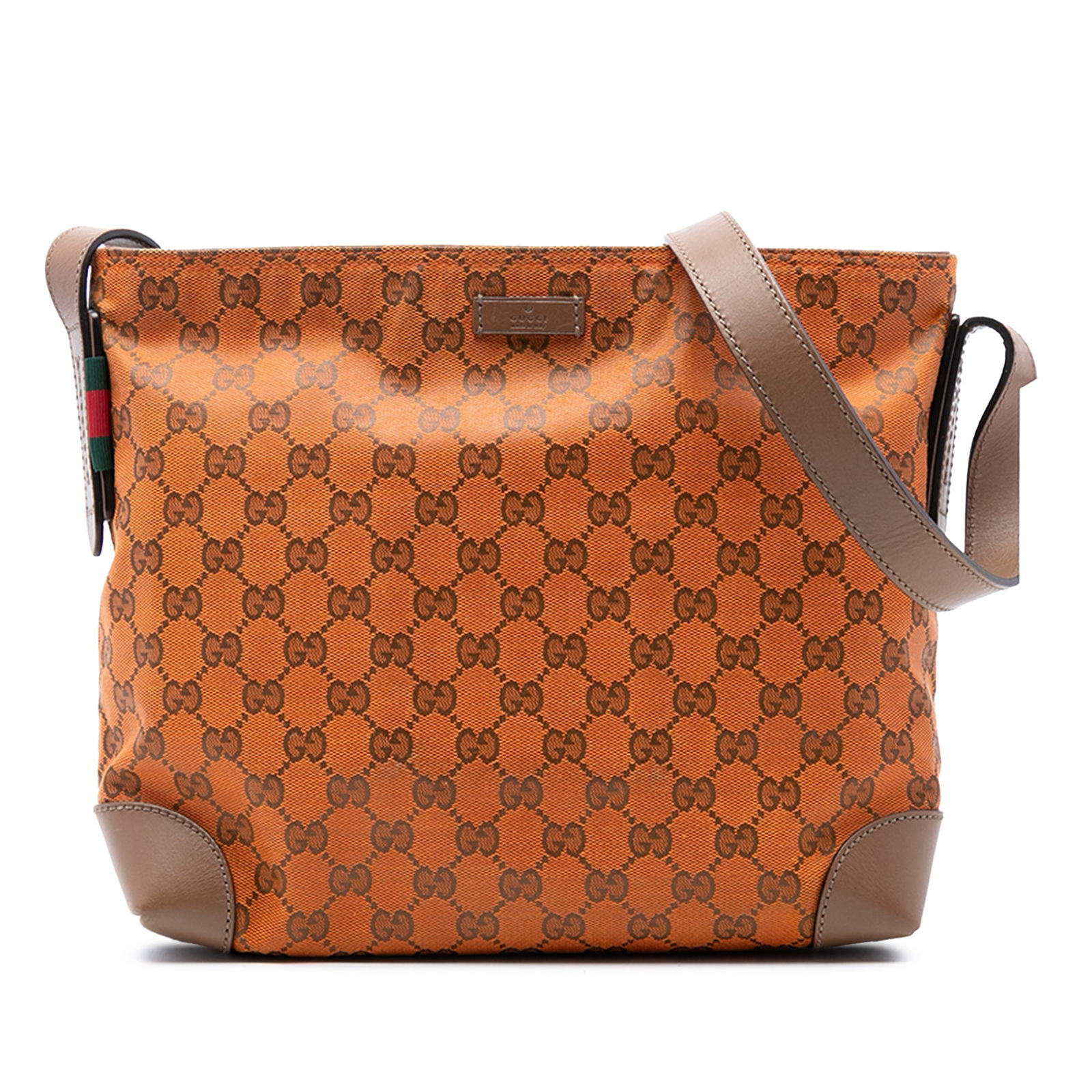 Orange Gucci GG Canvas Web Crossbody Bag with Leather Trim: Orange Gucci GG Canvas Web Crossbody Bag with Leather Trim This Gucci GG Canvas Web Crossbody bag features a durable canvas body with leather trim, an adjustable flat leather strap, a top zip closure,