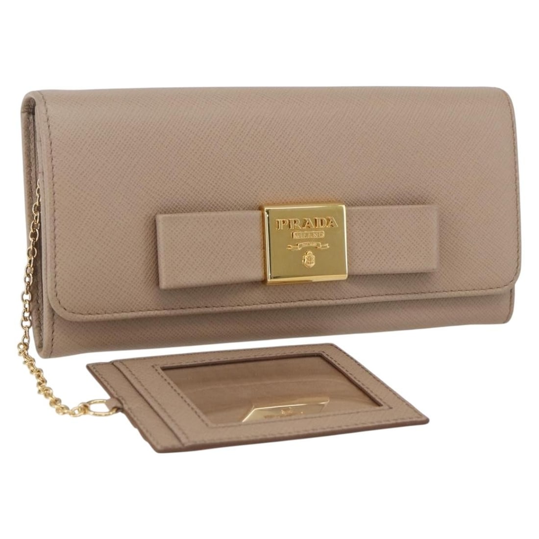 Beige and Gold Leather Long Wallet by Prada with Accessories: Beige and Gold Leather Long Wallet by Prada with Accessories This PRADA long wallet features a beige and gold leather exterior. Crafted in Italy, the wallet offers a sleek and elegant design. It comes