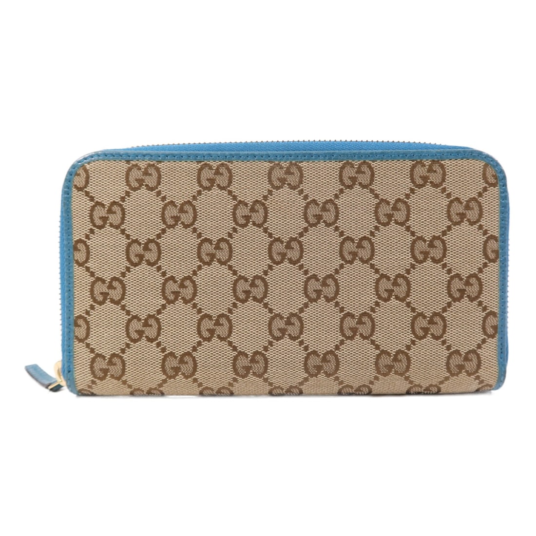 Gucci GG Canvas Brown and Blue Long Wallet with Gold Hardware: Gucci GG Canvas Brown and Blue Long Wallet with Gold Hardware This is a GUCCI GG canvas long wallet featuring a brown color with blue accents. Crafted in Italy, this around long wallet is made from si