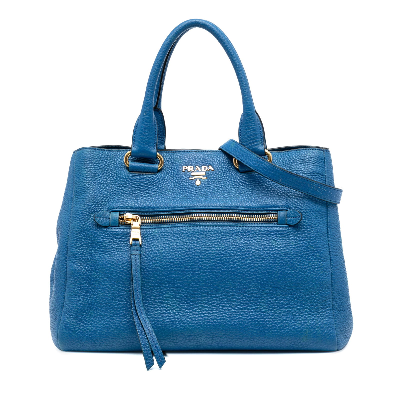 Prada Vitello Daino Blue Leather Convertible Satchel with Detachable Strap: Prada Vitello Daino Blue Leather Convertible Satchel with Detachable Strap This Prada Vitello Daino Open Convertible Tote features a blue calf leather body with rolled leather handles and a detachable