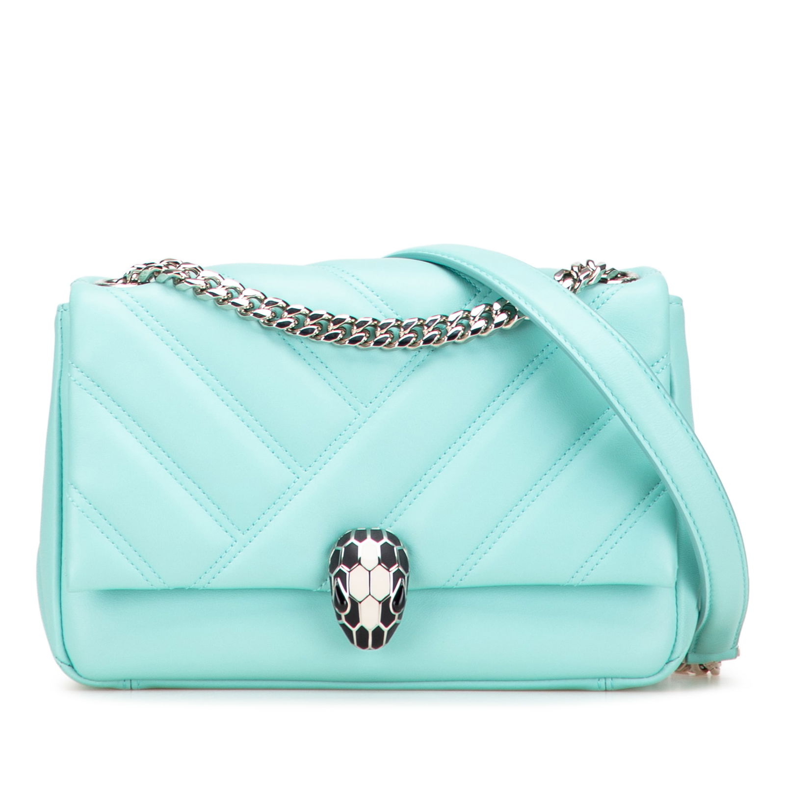 Bvlgari Blue Leather Serpenti Cabochon Chain Crossbody Bag: Bvlgari Blue Leather Serpenti Cabochon Chain Crossbody Bag Introducing the Bvlgari Leather Serpenti Cabochon Chain Crossbody, a stylish and sophisticated accessory crafted in Italy. This exquisite bag