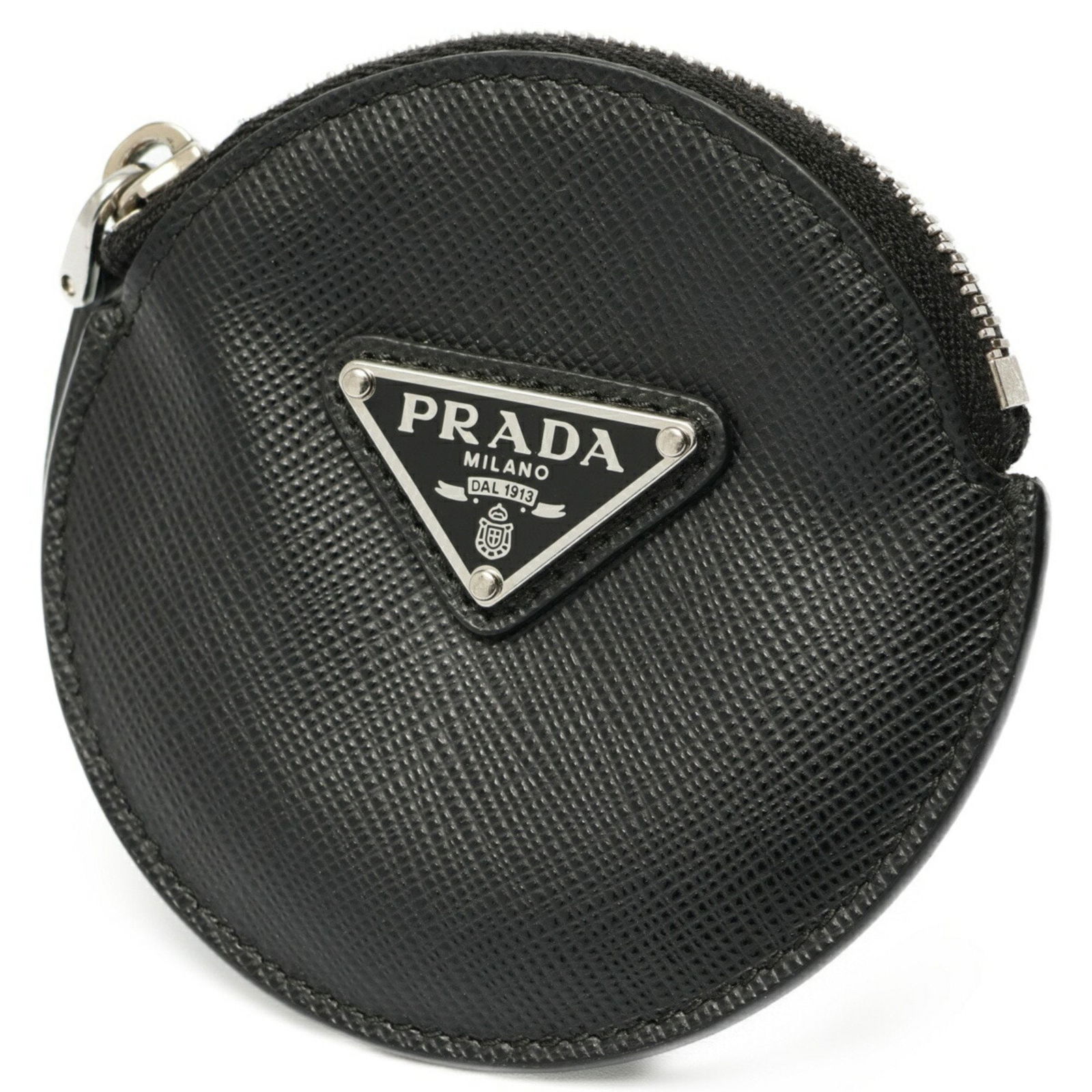 Black Leather Round Zipper Wallet by Prada Italy: Black Leather Round Zipper Wallet by Prada Italy This Prada Round Zipper wallet is crafted from black leather and features a compact, unisex design. Made in Italy, it offers practical organization in