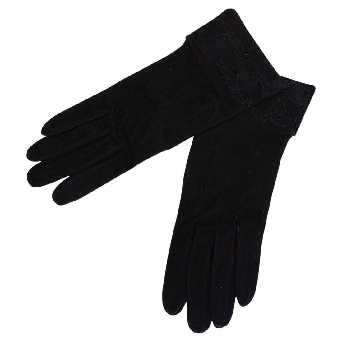Chanel Black Suede Gloves with CC Logo Embroidery: Chanel Black Suede Gloves with CC Logo Embroidery Experience luxury with these elegant Chanel black suede gloves, featuring a CC logo embroidered on the edge. Crafted in France, these gloves are a per