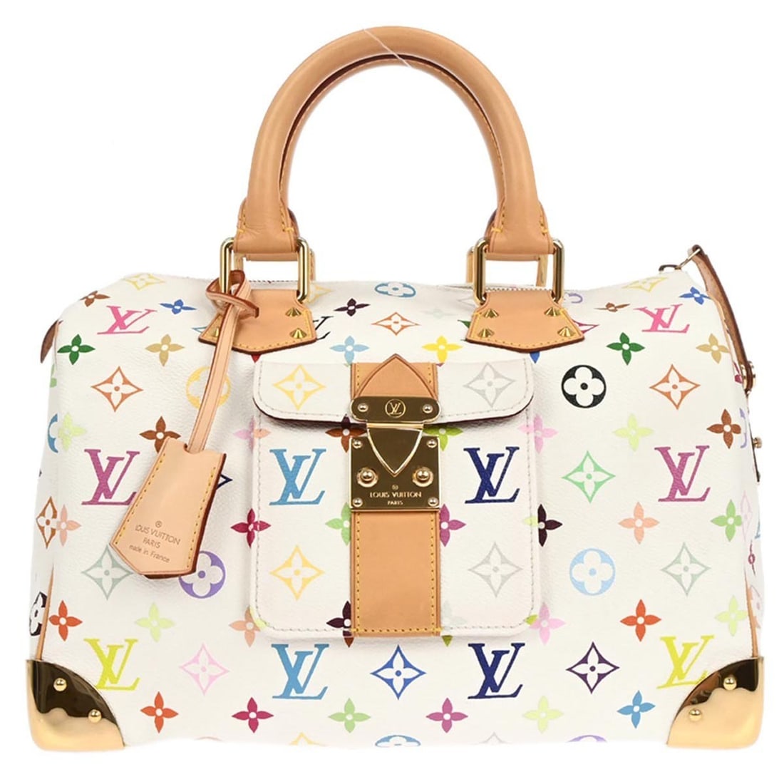 Louis Vuitton Multicolor White Speedy 30 Monogram Canvas Bag M92643: Louis Vuitton Multicolor White Speedy 30 Monogram Canvas Bag M92643 This Louis Vuitton Speedy 30 handbag features the distinctive white Monogram Multicolor canvas leather, accented with the iconic LV