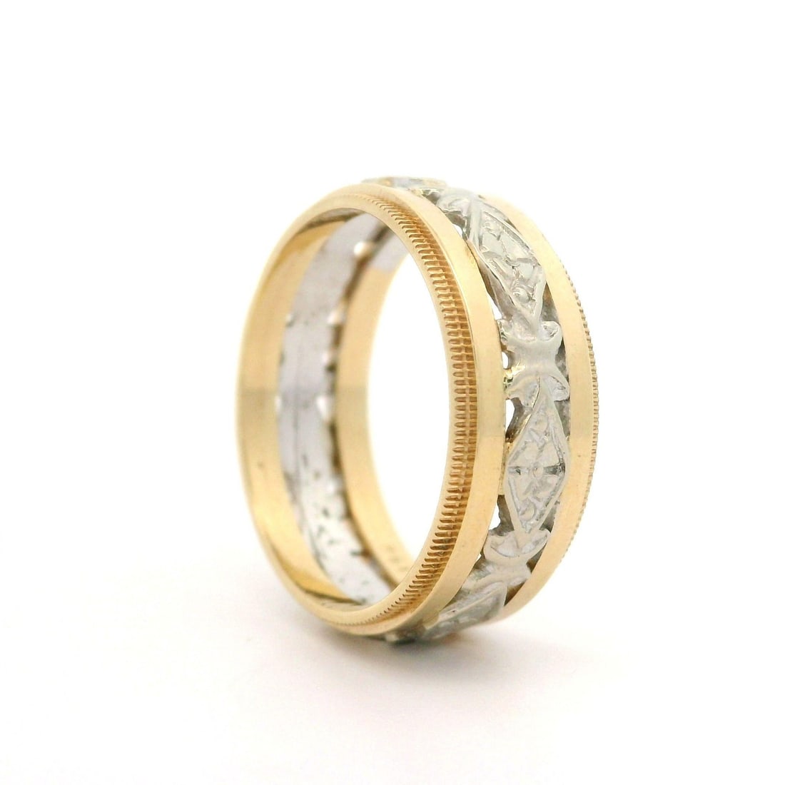 Vintage Retro 14k Two Tone Gold 7mm Milgrain Band Ring: Vintage Retro 14k Two Tone Gold 7mm Milgrain Band Ring This exquisite Vintage Retro Two Tone Gold Band Ring features a unique 7mm open work center with a stunning milgrain edged design. Crafted from s