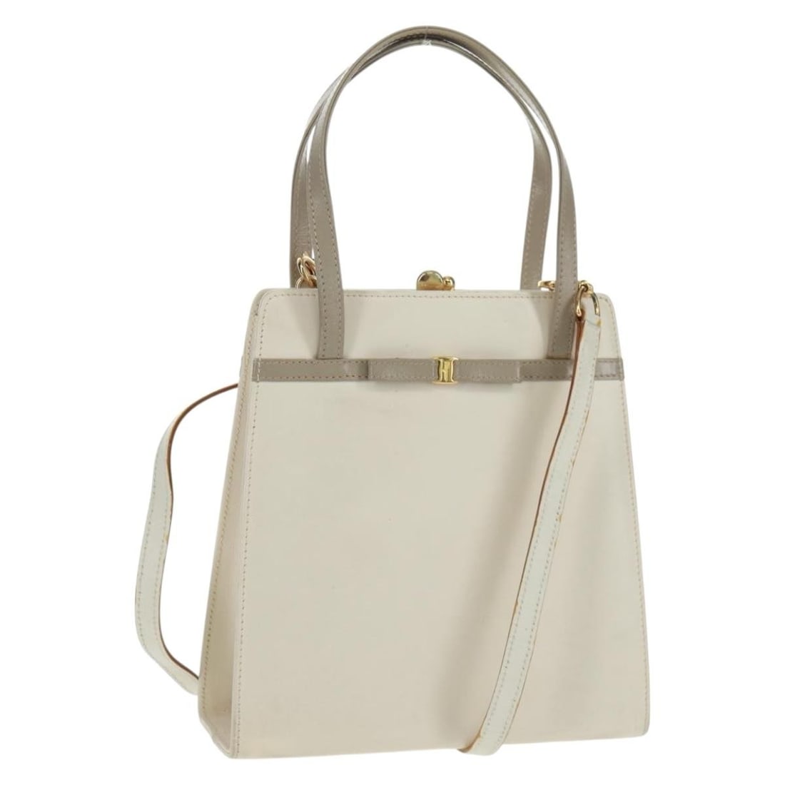 White leather Salvatore Ferragamo Vala 2-way handbag with gold tone accents: White leather Salvatore Ferragamo Vala 2-way handbag with gold tone accents This Salvatore Ferragamo Vala handbag is crafted from white leather with gold accents. Designed for versatile use, it featur