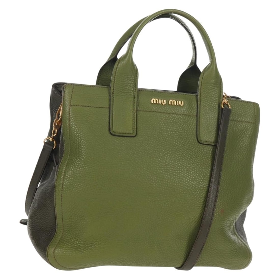Miu Miu Leather Hand Bag Green Gold RN0889 Authentic: Miu Miu Leather Hand Bag Green Gold RN0889 Authentic Introducing the Miu Miu Hand Bag, a stylish and versatile accessory crafted from high-quality leather. This elegant handbag features a stunning gre