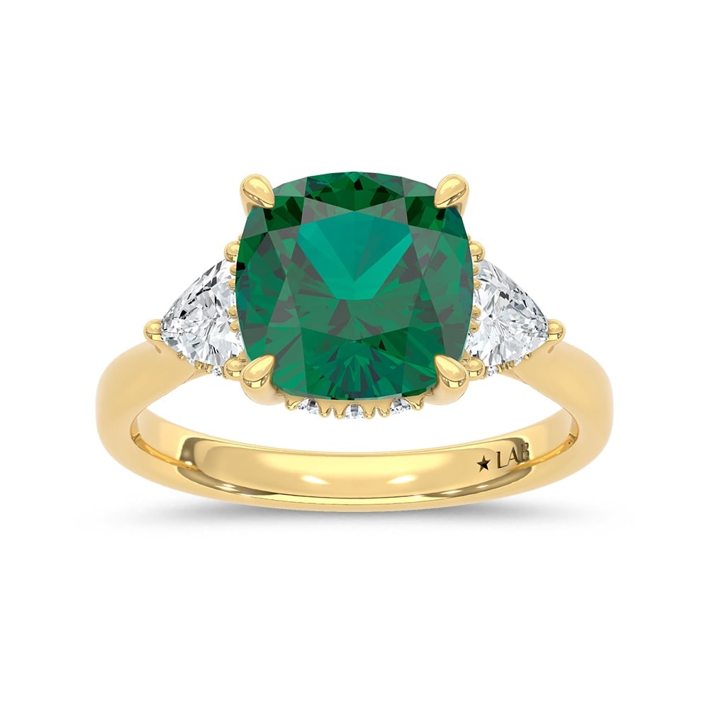 14K Yellow Gold Lab Grown Diamond 3 5/8 Ct.Tw. Cushion Shape Recrystalized Emerald Engagement Ring: 14K Yellow Gold Lab Grown Diamond 3 5/8 Ct.Tw. Cushion Shape Recrystalized Emerald Engagement Ring (Center 3 ct) Celebrate refined elegance with this 14K yellow gold engagement ring, featuring a radia