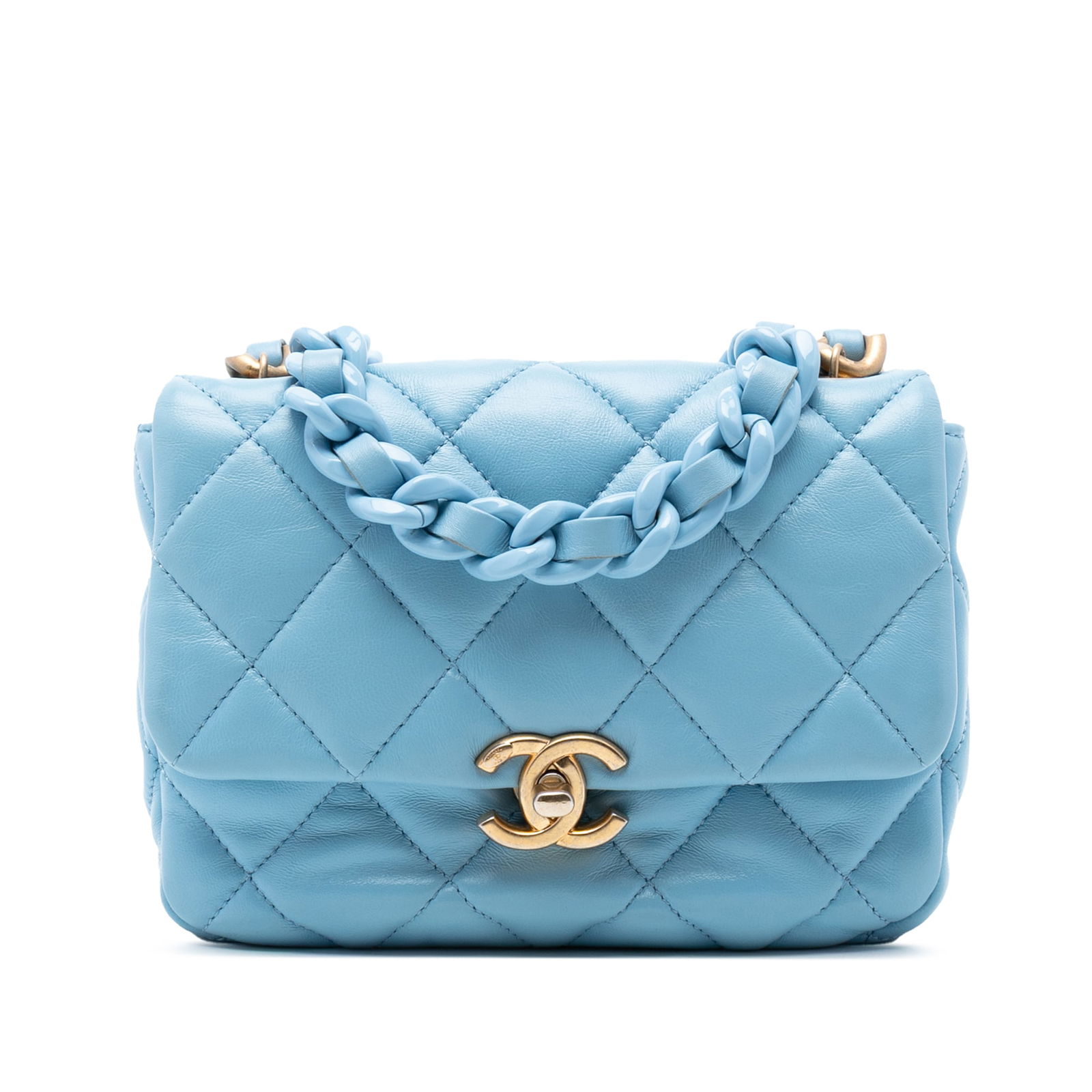 Chanel Mini Quilted Lambskin Flap Bag Blue with Chain Strap: Chanel Mini Quilted Lambskin Flap Bag Blue with Chain Strap This Chanel Mini Quilted Lambskin Lacquered Chain Flap crossbody bag is a luxurious accessory crafted from premium lambskin leather. It feat