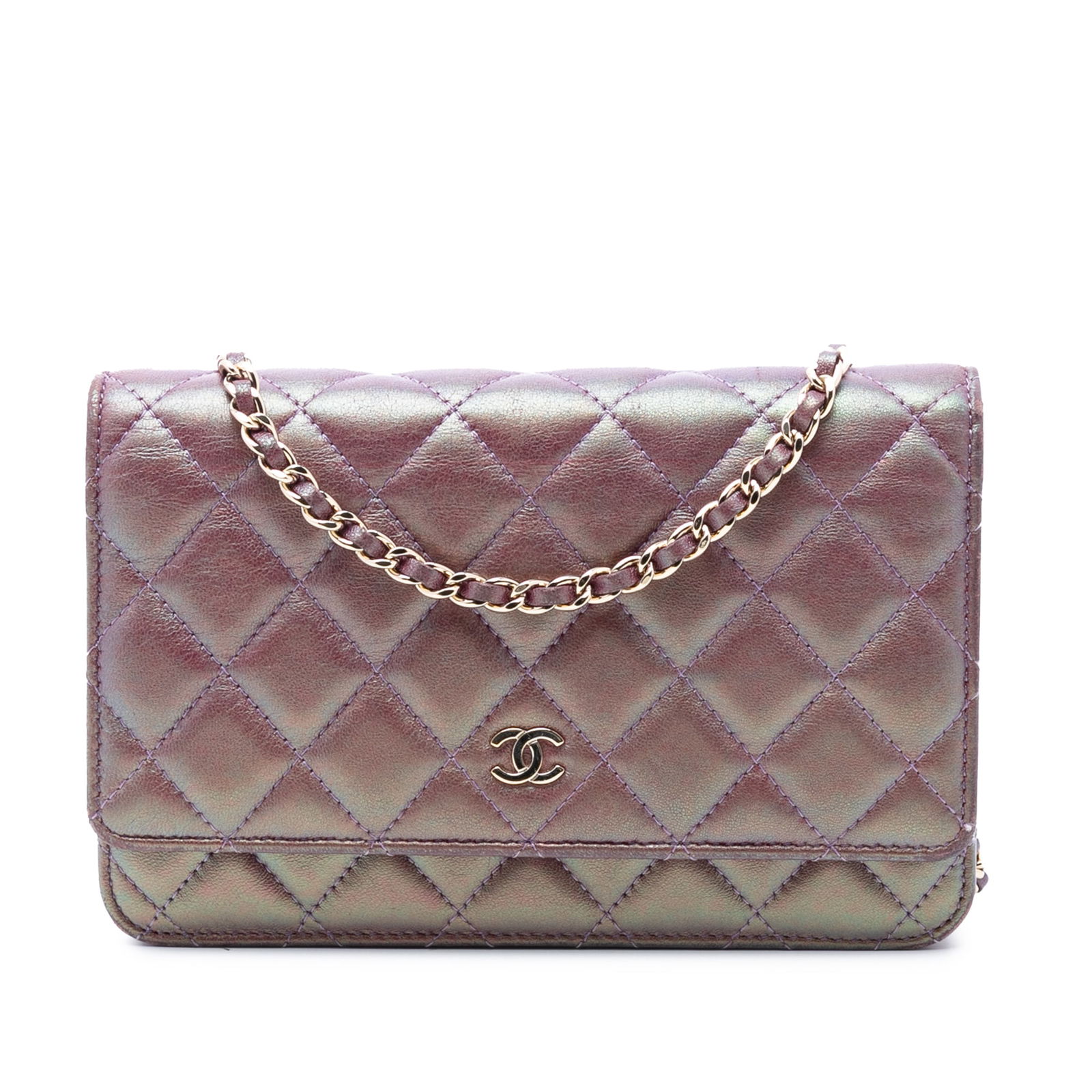 Purple Iridescent Lambskin Chanel Wallet on Chain with Quilted CC Design: Purple Iridescent Lambskin Chanel Wallet on Chain with Quilted CC Design This Chanel CC Quilted Iridescent Lambskin Wallet on Chain showcases a purple quilted lambskin leather body, complemented by a