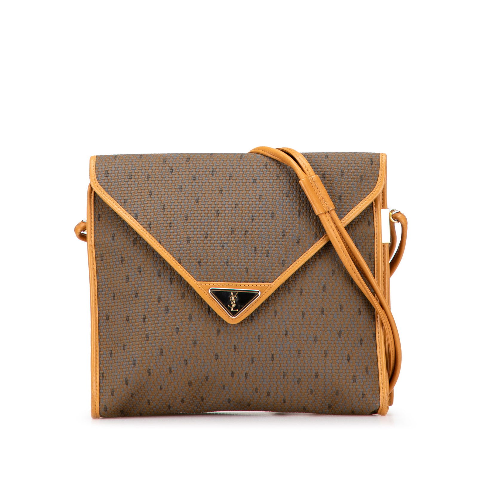 Saint Laurent Brown PVC Flap Crossbody Bag with Leather Trim: Saint Laurent Brown PVC Flap Crossbody Bag with Leather Trim This Saint Laurent PVC Flap Crossbody bag showcases a sleek design with a durable PVC body complemented by leather trim. It features rolled