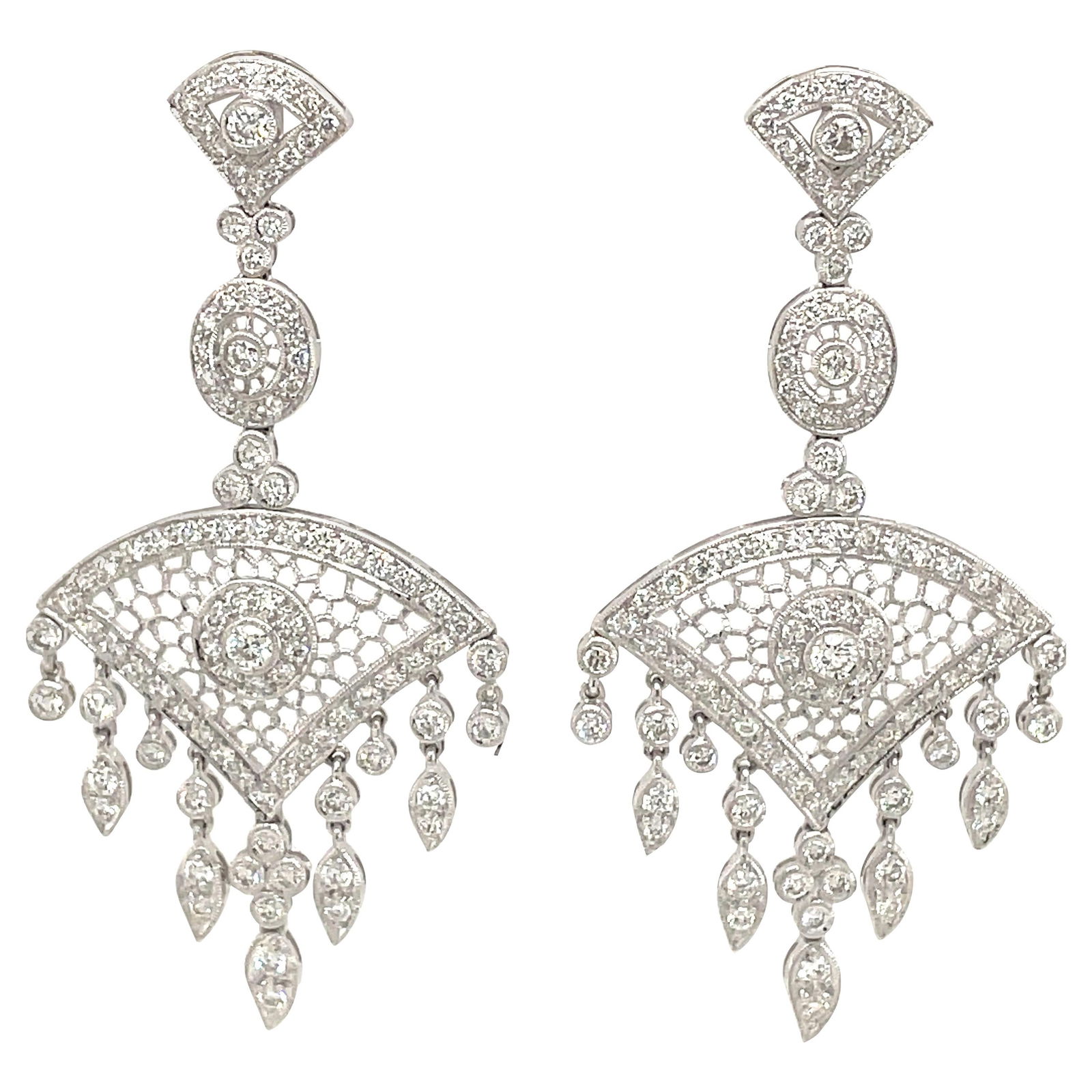 Edwardian 3.92ct Diamond Chandelier Earrings 18k White Gold GIA Appraisal: Edwardian 3.92ct Diamond Chandelier Earrings 18k White Gold GIA Appraisal These stunning Edwardian-inspired chandelier earrings are crafted from 18k white gold and feature a total of 200 round brillia