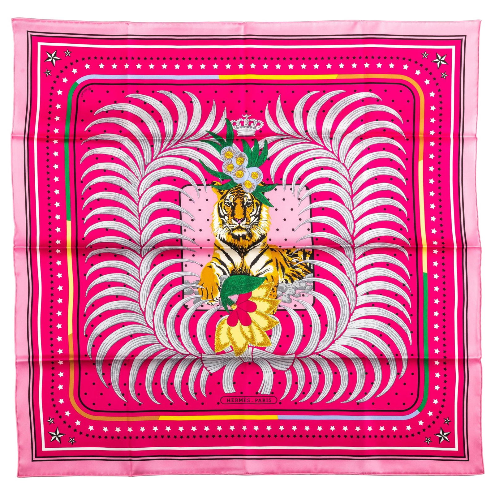 Hermes Limited Edition Imperial Tiger Fuchsia Silk Scarf: Hermes Limited Edition Imperial Tiger Fuchsia Silk Scarf Elevate your accessory collection with this exquisite limited edition "Imperial Tiger" silk scarf by Hermes. This stunning piece showcases a vi