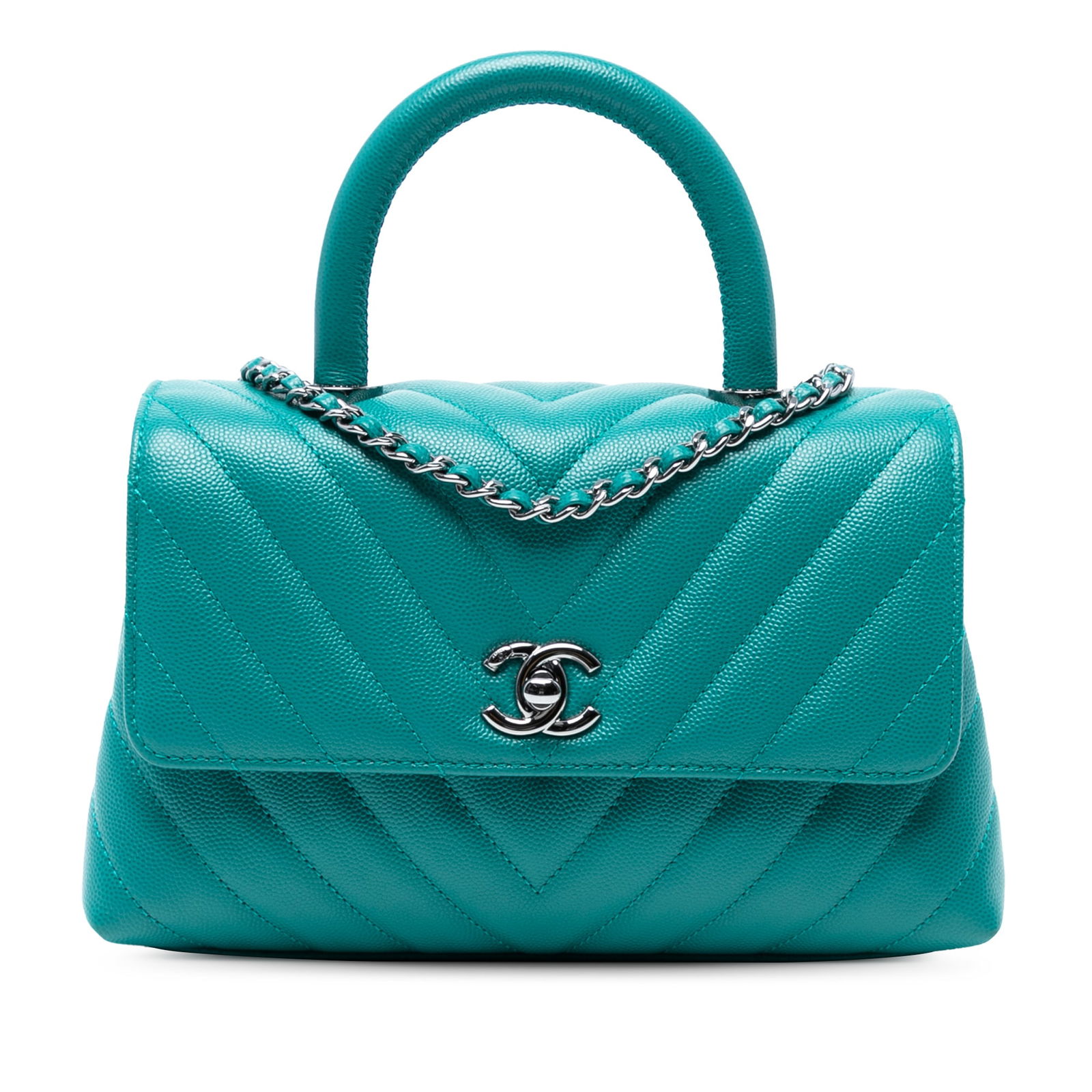 Blue Chanel Mini Chevron Caviar Leather Top Handle Satchel with Strap: Blue Chanel Mini Chevron Caviar Leather Top Handle Satchel with Strap This Chanel Mini Chevron Caviar Coco Top Handle Bag is crafted from blue caviar leather and features a distinctive chevron quilted