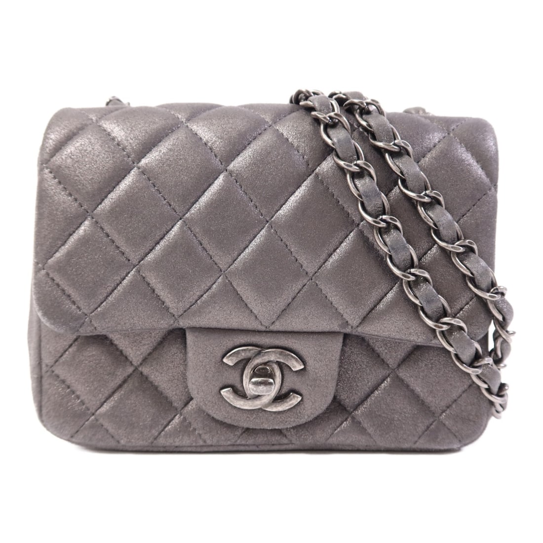 Chanel Mini Classic 17 Calfskin Gray Chain Shoulder Bag A35200: Chanel Mini Classic 17 Calfskin Gray Chain Shoulder Bag A35200 This CHANEL Mini Classic 17 chain shoulder bag features a sleek design crafted from gray calfskin leather. The bag is accented with silve