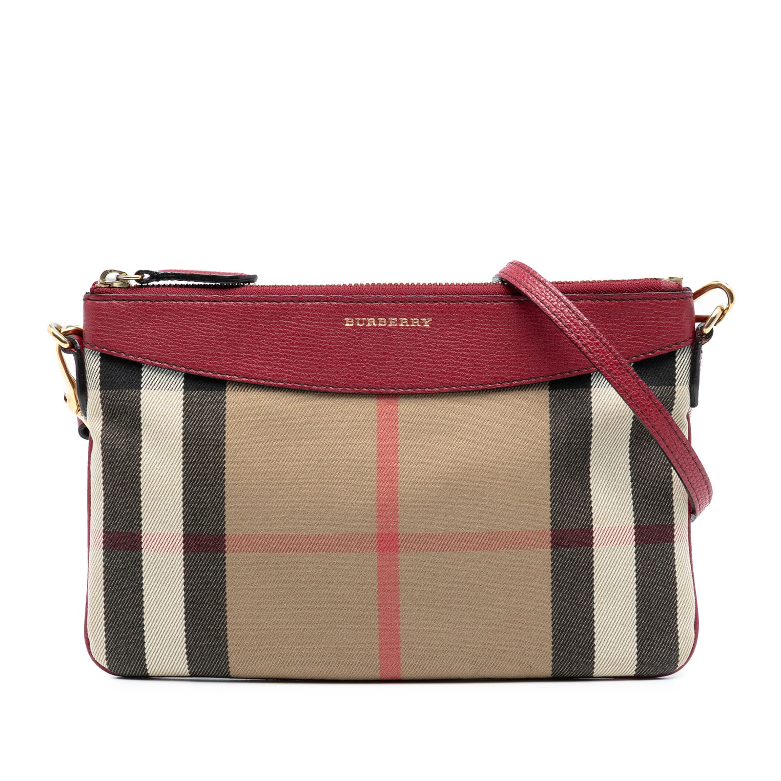 Burberry Peyton Crossbody Bag in House Check Canvas with Leather Trim: Burberry Peyton Crossbody Bag in House Check Canvas with Leather Trim This Burberry Peyton crossbody bag features the iconic House Check canvas design with leather trim. It includes a detachable flat