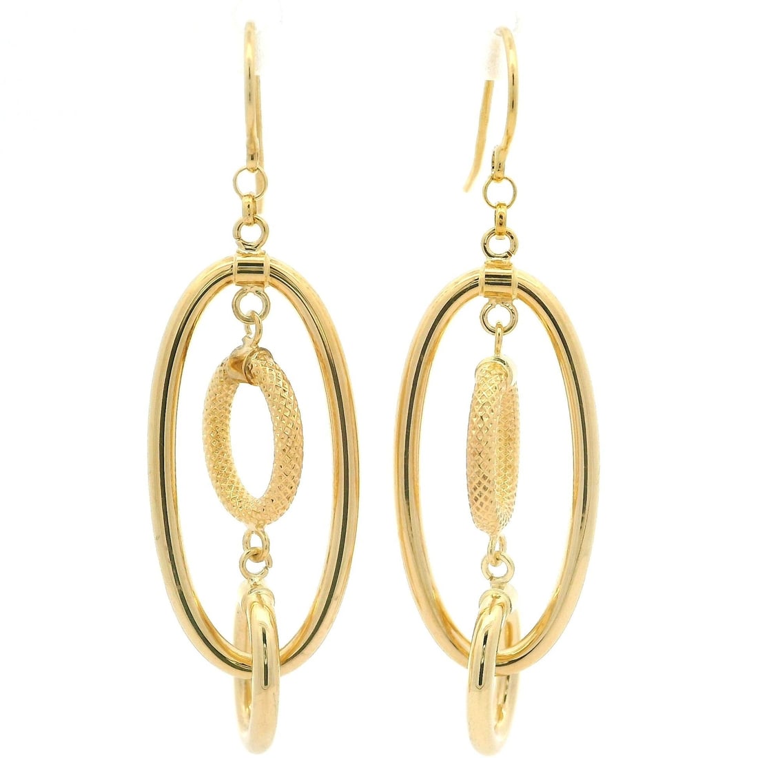 Elegant 14K Gold Textured Oval Link Dangle Earrings: Elegant 14K Gold Textured Oval Link Dangle Earrings Elevate your style with these exquisite Solid 14k Gold Puffed Design Polished & Textured Oval Link Dangle Drop Earrings. Crafted from 14K solid yell