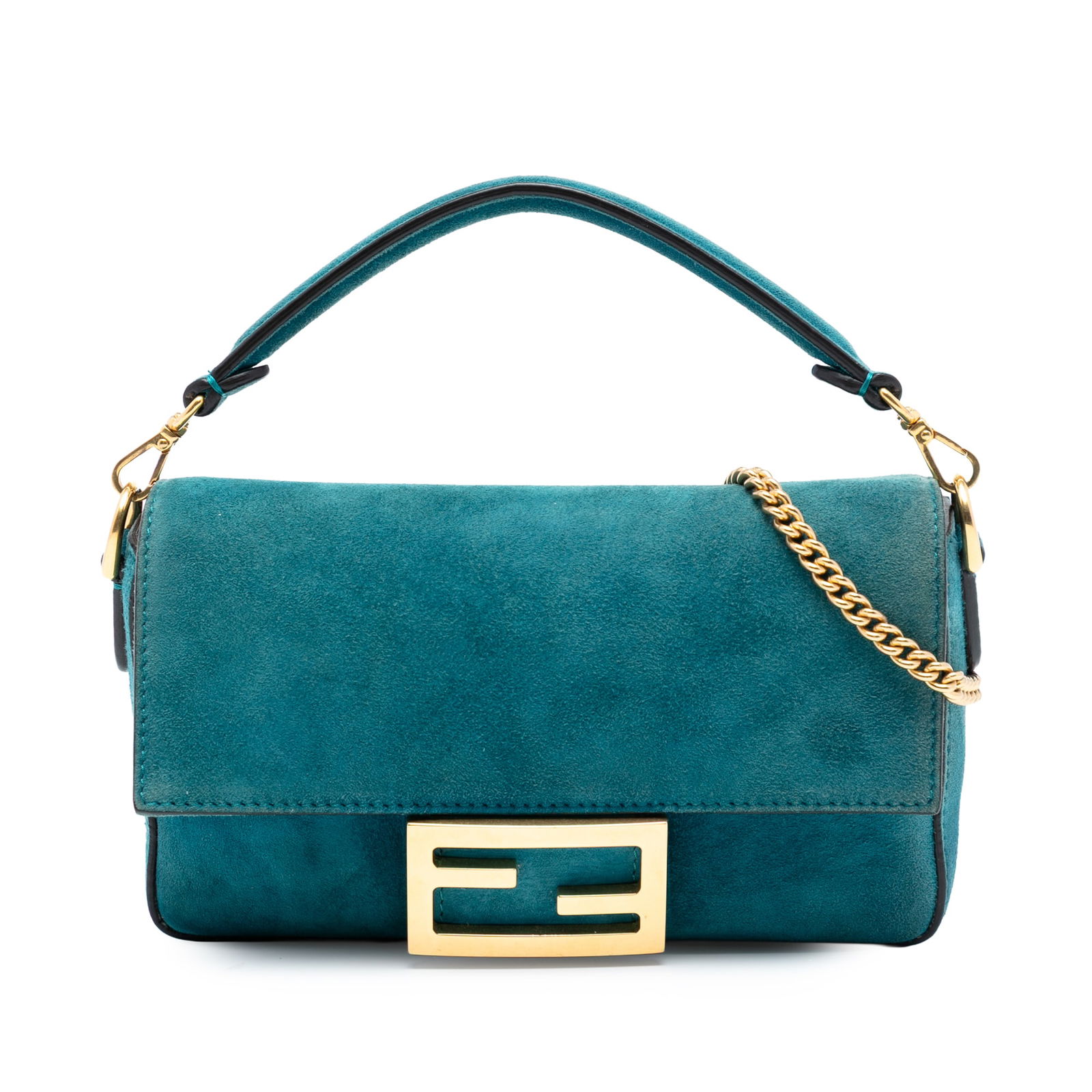Fendi Mini Baguette Blue Suede Satchel with Detachable Strap: Fendi Mini Baguette Blue Suede Satchel with Detachable Strap This mini satchel features a blue suede body with a front flap and magnetic snap closure. It includes a detachable handle and a detachable