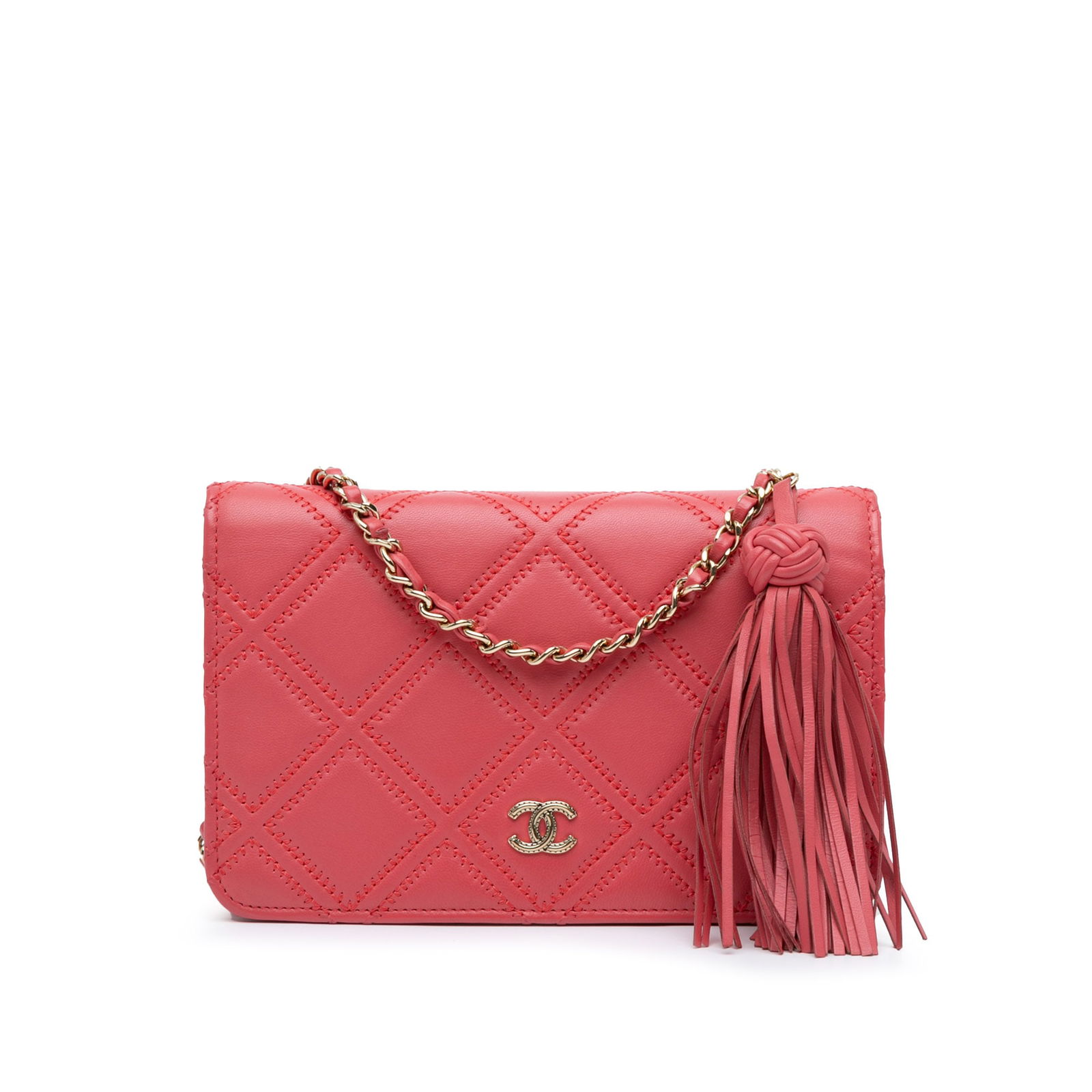 Chanel Pink Quilted Lambskin Wallet On Chain with Tassel: Chanel Pink Quilted Lambskin Wallet On Chain with Tassel Elevate your style with the Chanel Quilted Lambskin Double Stitch Tassel Wallet On Chain. This exquisite wallet features a luxurious quilted la