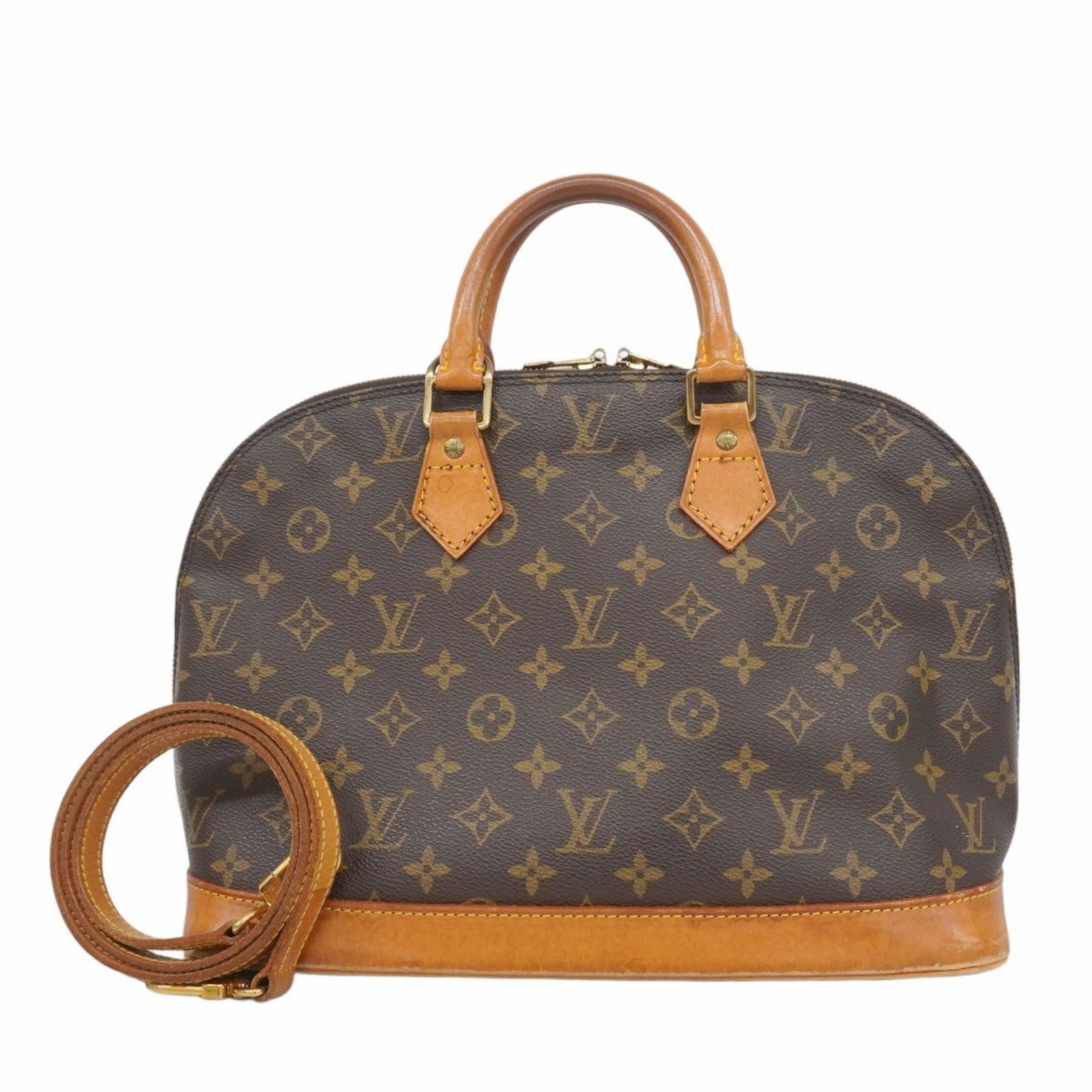 Louis Vuitton Alma Brown Canvas Handbag 24cm: Louis Vuitton Alma Brown Canvas Handbag 24cm This Louis Vuitton Alma handbag features a brown canvas exterior with traces of usage, visible scratches, and some dirt, but remains in generally good cond
