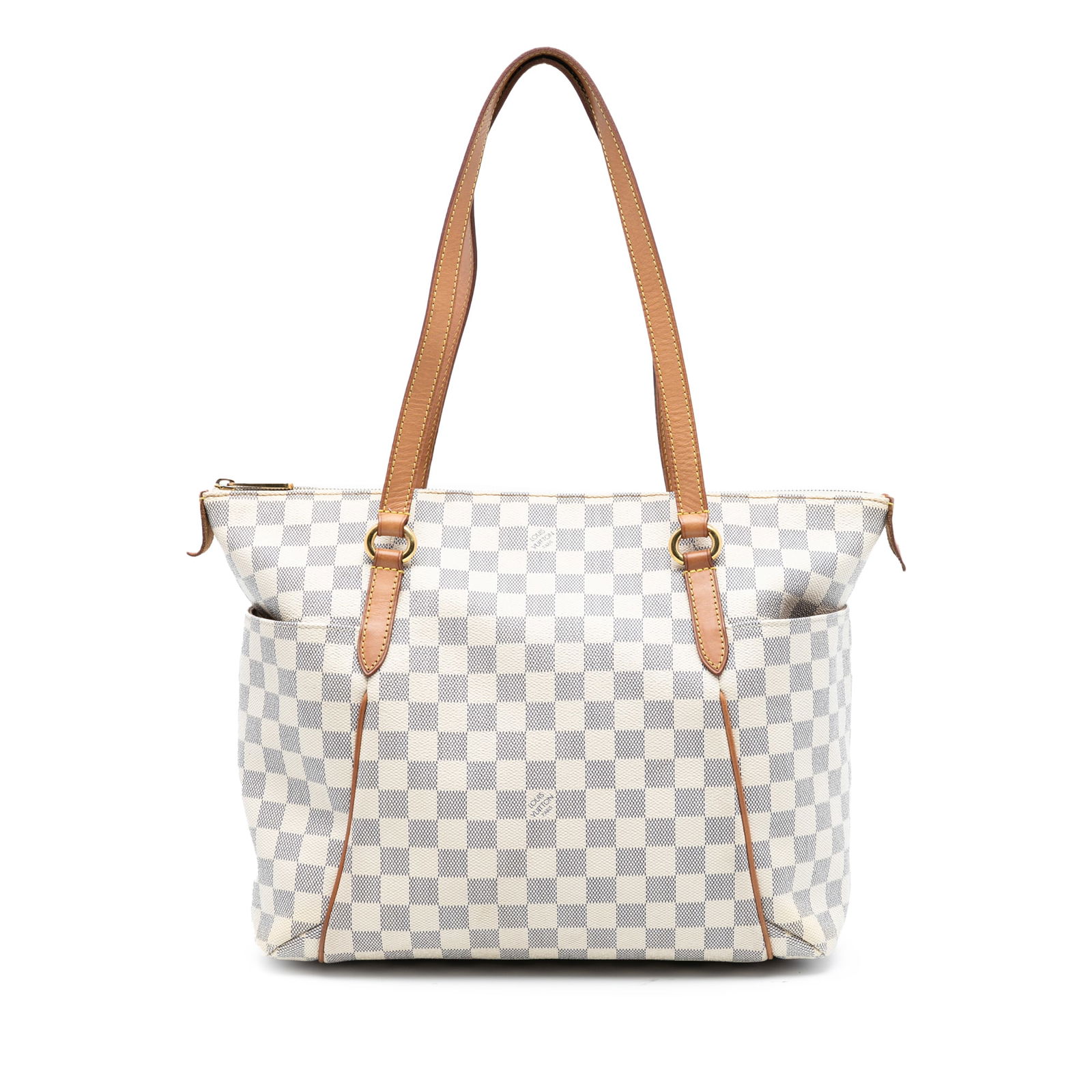 Damier Azur Canvas Totally MM Tote Bag by Louis Vuitton: Damier Azur Canvas Totally MM Tote Bag by Louis Vuitton This Louis Vuitton Damier Azur Totally MM features a damier azur canvas body with vachetta leather trim, flat vachetta leather straps, a top zip