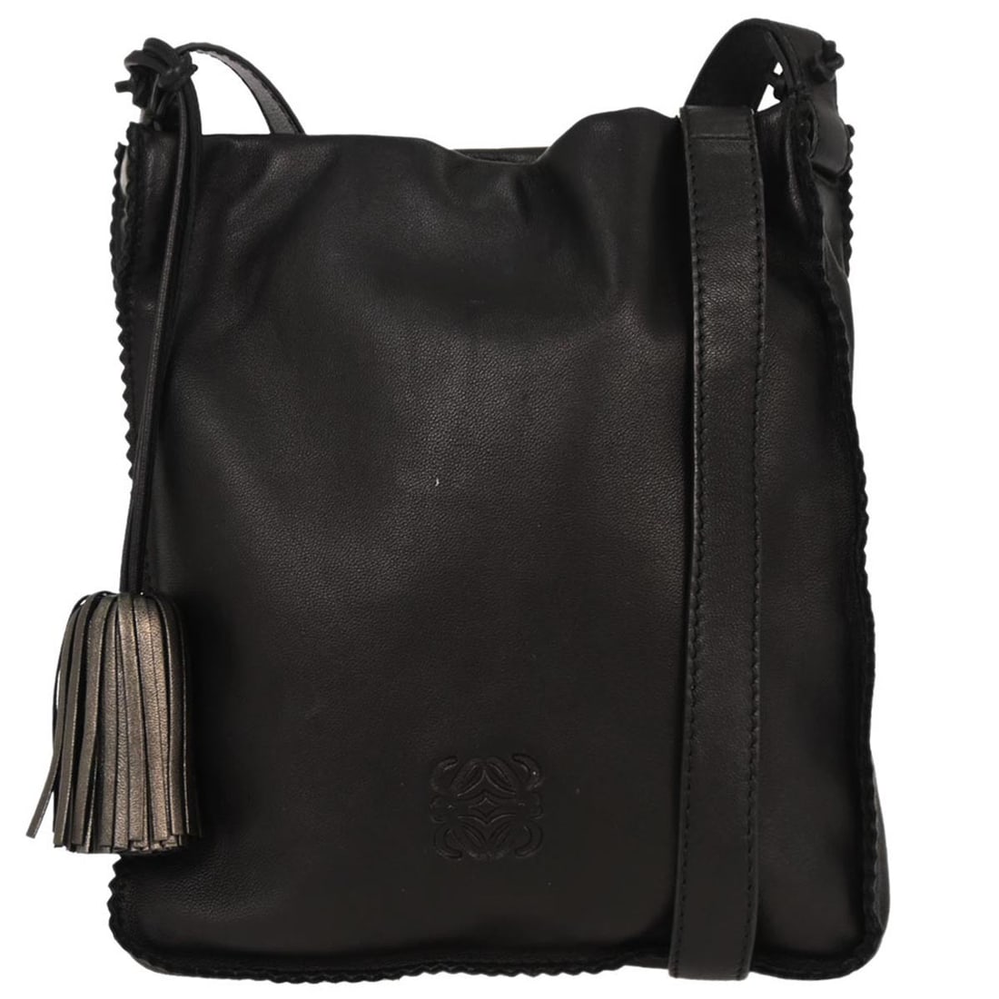 Loewe Anagram Mini Black Leather Shoulder Bag with Magnetic Closure: Loewe Anagram Mini Black Leather Shoulder Bag with Magnetic Closure This Loewe mini shoulder bag is crafted from black lambskin leather and features a magnetic closure and a leather shoulder strap. Th