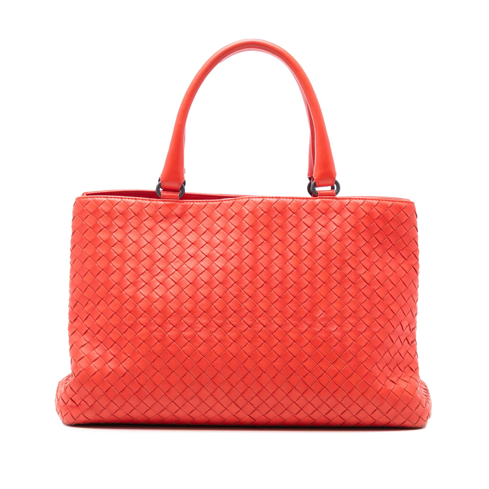 Red Leather Woven Milano Tote Bag by Bottega Veneta: Red Leather Woven Milano Tote Bag by Bottega Veneta This Bottega Veneta Nappa Intrecciato Milano Tote features a signature woven leather exterior in red with rolled handles and an open top secured by
