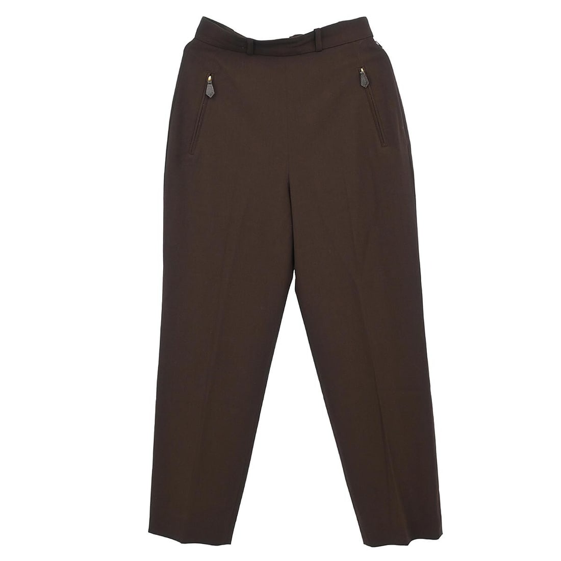 Vintage Hermes Brown Long Pants Size 38 with Zips: Vintage Hermes Brown Long Pants Size 38 with Zips Elevate your casual wardrobe with these vintage Hermes long pants in a rich brown hue. Tailored from a blend of 96% wool and 4% elastane, these pants