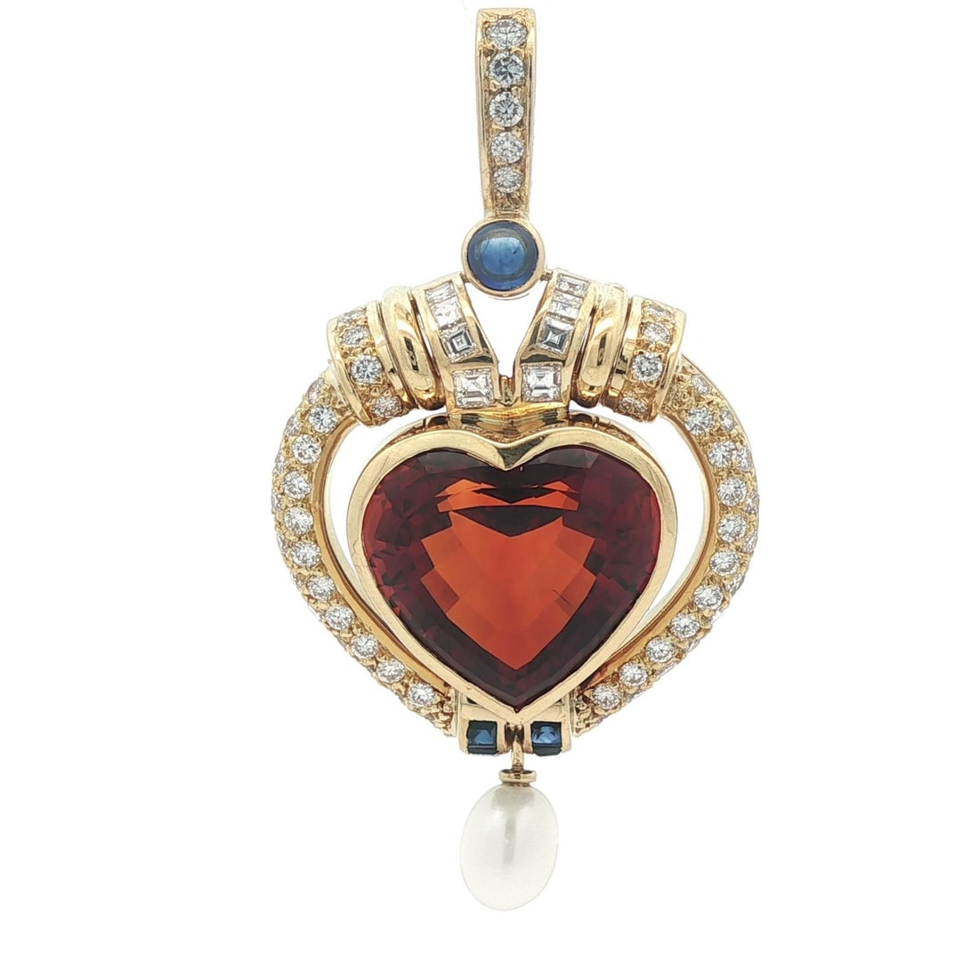 Vintage 18k Gold Heart Citrine Diamond Sapphire Pearl Pendant: Vintage 18k Gold Heart Citrine Diamond Sapphire Pearl Pendant This exquisite vintage pendant showcases a stunning heart-shaped Madeira citrine, expertly crafted in solid 18k yellow gold with a 14k gol