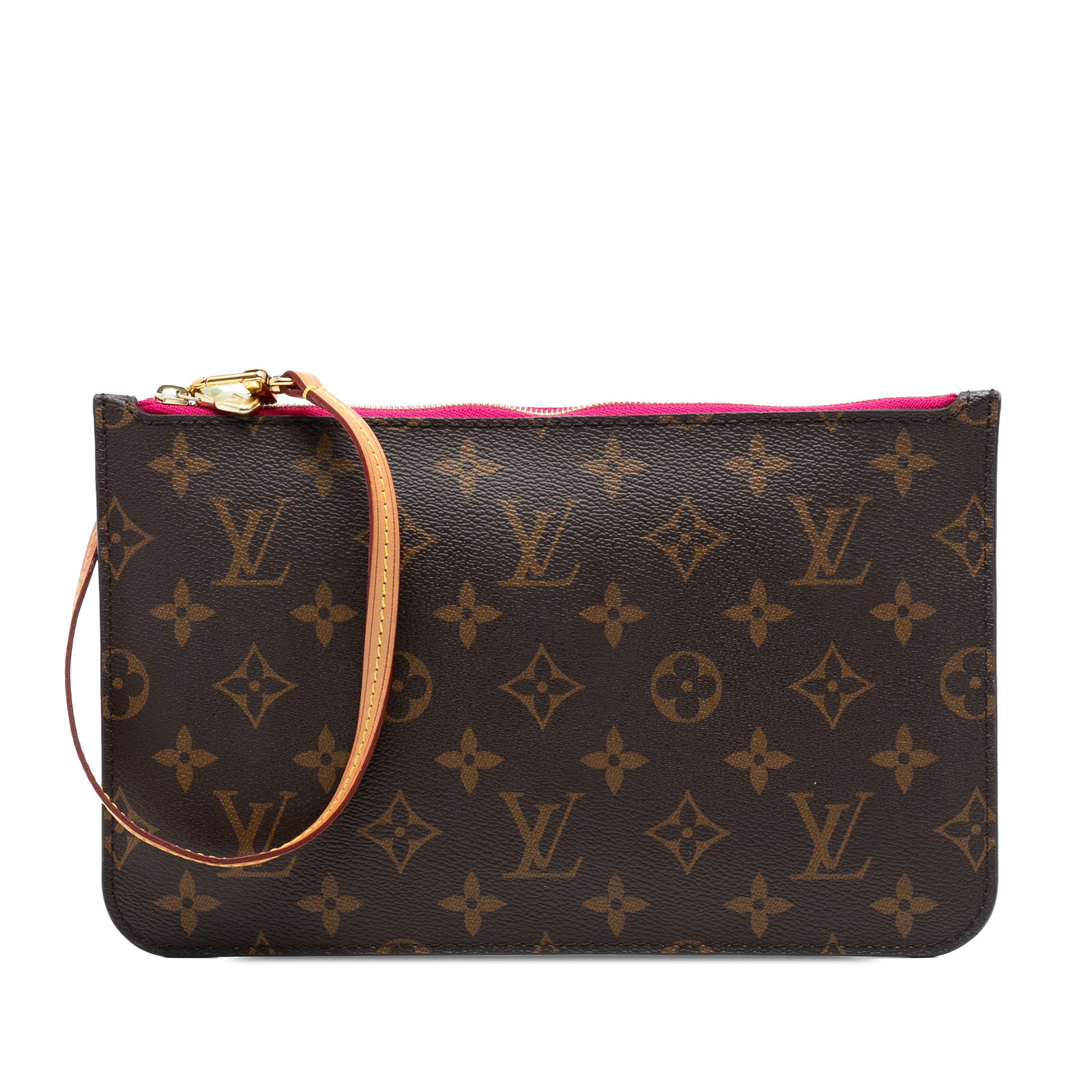Louis Vuitton Neverfull Monogram Canvas Wristlet Pouch with Zip Top: Louis Vuitton Neverfull Monogram Canvas Wristlet Pouch with Zip Top This Louis Vuitton Monogram Neverfull Pouch features the signature monogram canvas body with a flat vachetta leather wrist strap. Th