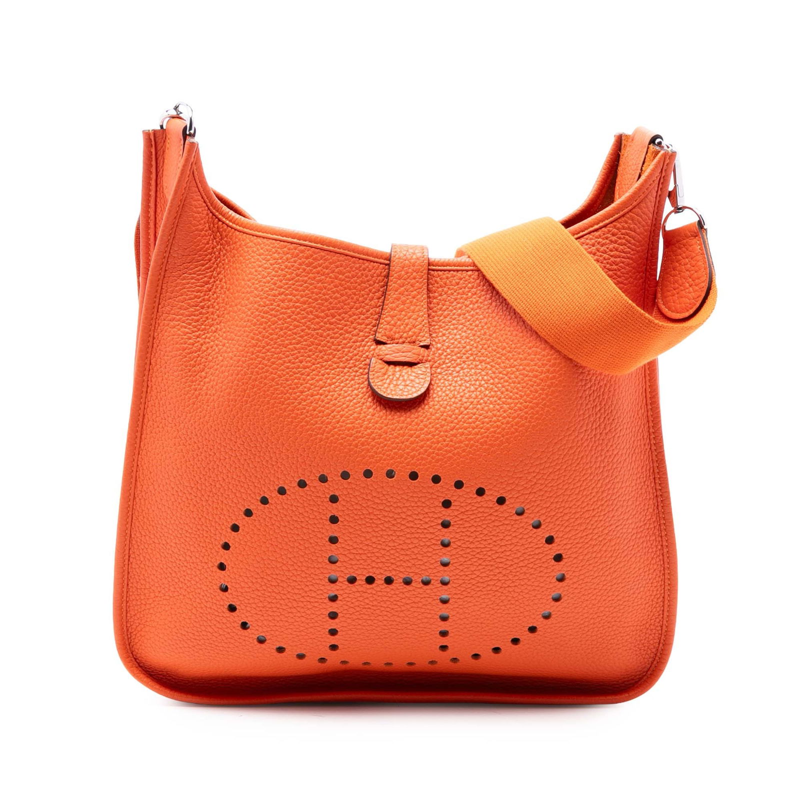 Orange Clemence Leather Evelyne III GM Shoulder Bag by Hermes: Orange Clemence Leather Evelyne III GM Shoulder Bag by Hermes The Hermes Clemence Evelyne III GM features a Clemence leather body in vibrant orange, complemented by a removable and adjustable flat can