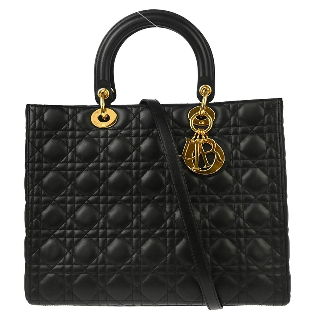 Christian Dior Black Lambskin Lady Dior Cannage 2way Satchel Handbag: Christian Dior Black Lambskin Lady Dior Cannage 2way Satchel Handbag Elevate your style with the Christian Dior Black Lambskin Lady Dior Cannage 2-way Handbag, a stunning accessory that embodies sophi
