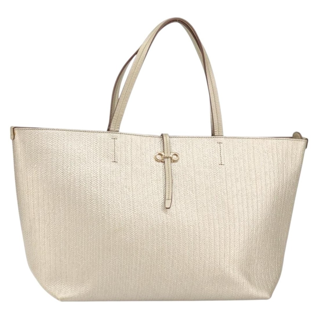 Salvatore Ferragamo Gold Tone Leather Gancini Tote Bag with Dust Bag Auth: Salvatore Ferragamo Gold Tone Leather Gancini Tote Bag with Dust Bag Auth This elegant Salvatore Ferragamo Gancini Tote Bag is crafted from high-quality leather with a stunning gold tone finish. Desig