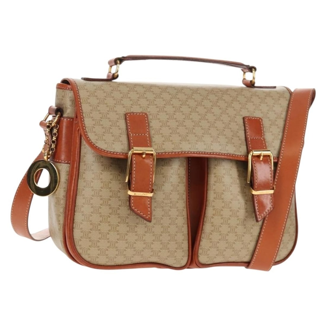 CELINE Beige Gold Macadam Canvas Hand Bag PVC Auth 156173V: CELINE Beige Gold Macadam Canvas Hand Bag PVC Auth 156173V This authentic CELINE Macadam Canvas Hand Bag combines elegance and functionality. Crafted in Italy, this stylish handbag features a durable
