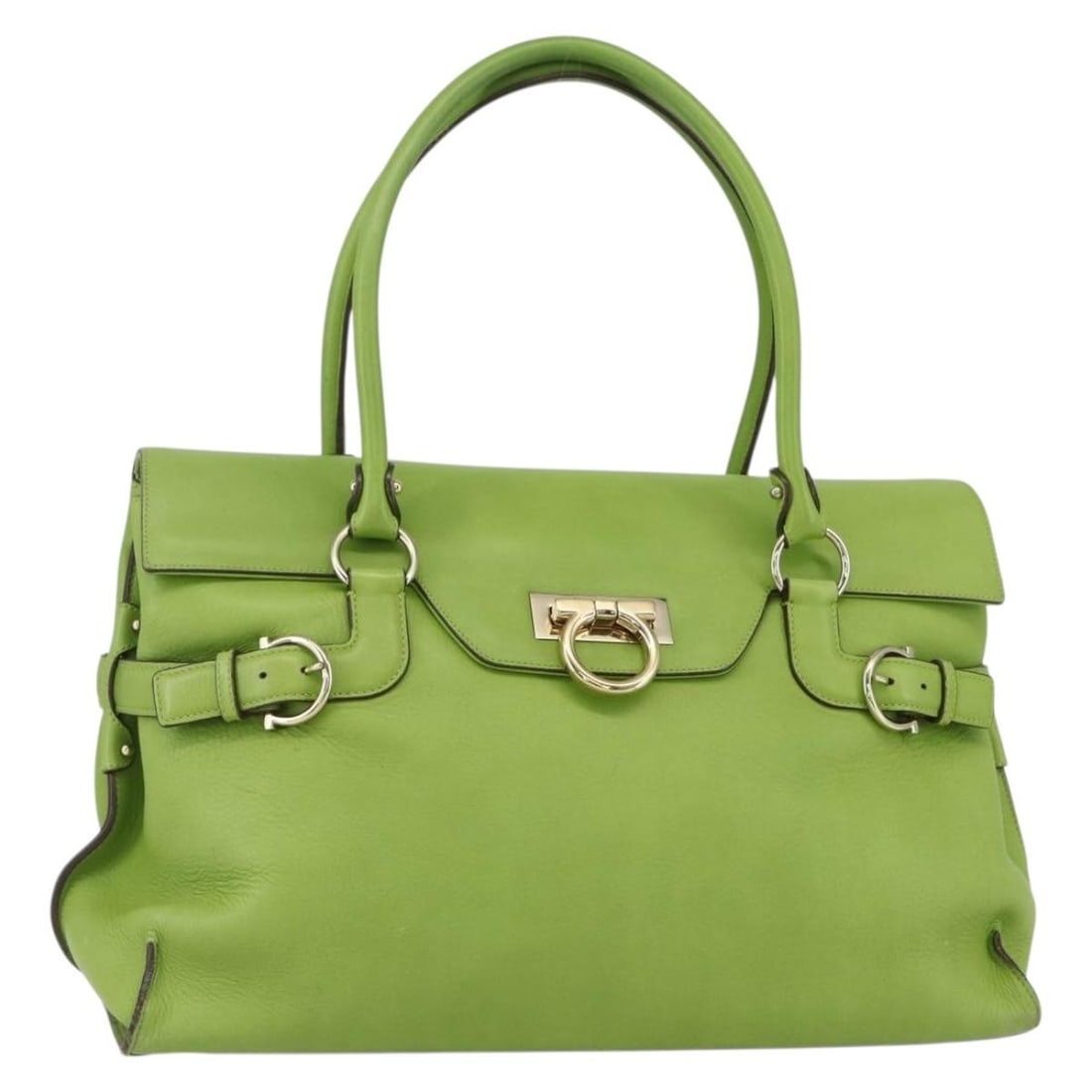 Green Leather Gancini Tote by Salvatore Ferragamo with Gold Accents: Green Leather Gancini Tote by Salvatore Ferragamo with Gold Accents This Salvatore Ferragamo Gancini tote bag features green leather with gold-tone accents. It offers a spacious interior and comes wit