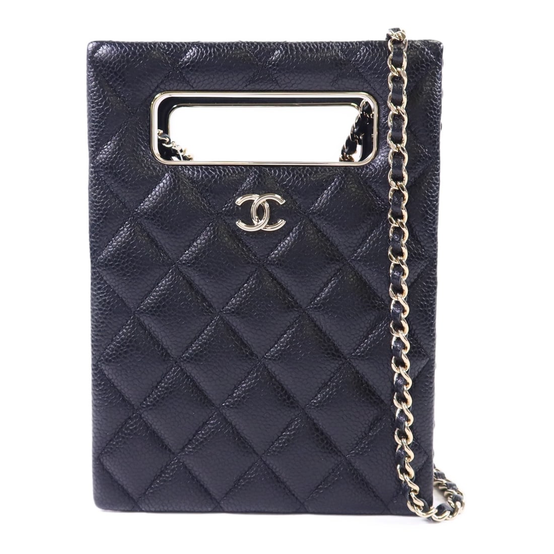 Black Calfskin Leather Chanel Shoulder Bag with CC Gold Hardware: Black Calfskin Leather Chanel Shoulder Bag with CC Gold Hardware This CHANEL CC shoulder bag is crafted from black calfskin leather and features gold tone chain detailing. Designed in a regular size,