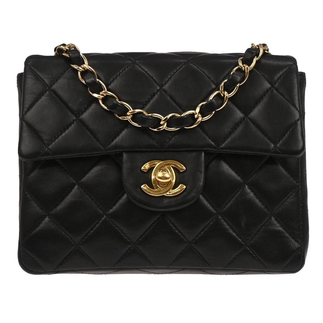 Chanel Mini Square Classic Flap Black Lambskin Leather Shoulder Bag 17: Chanel Mini Square Classic Flap Black Lambskin Leather Shoulder Bag 17 This Chanel Mini Classic Square Flap Shoulder Bag features black lambskin leather with a quilted matelasse pattern. It has a flap