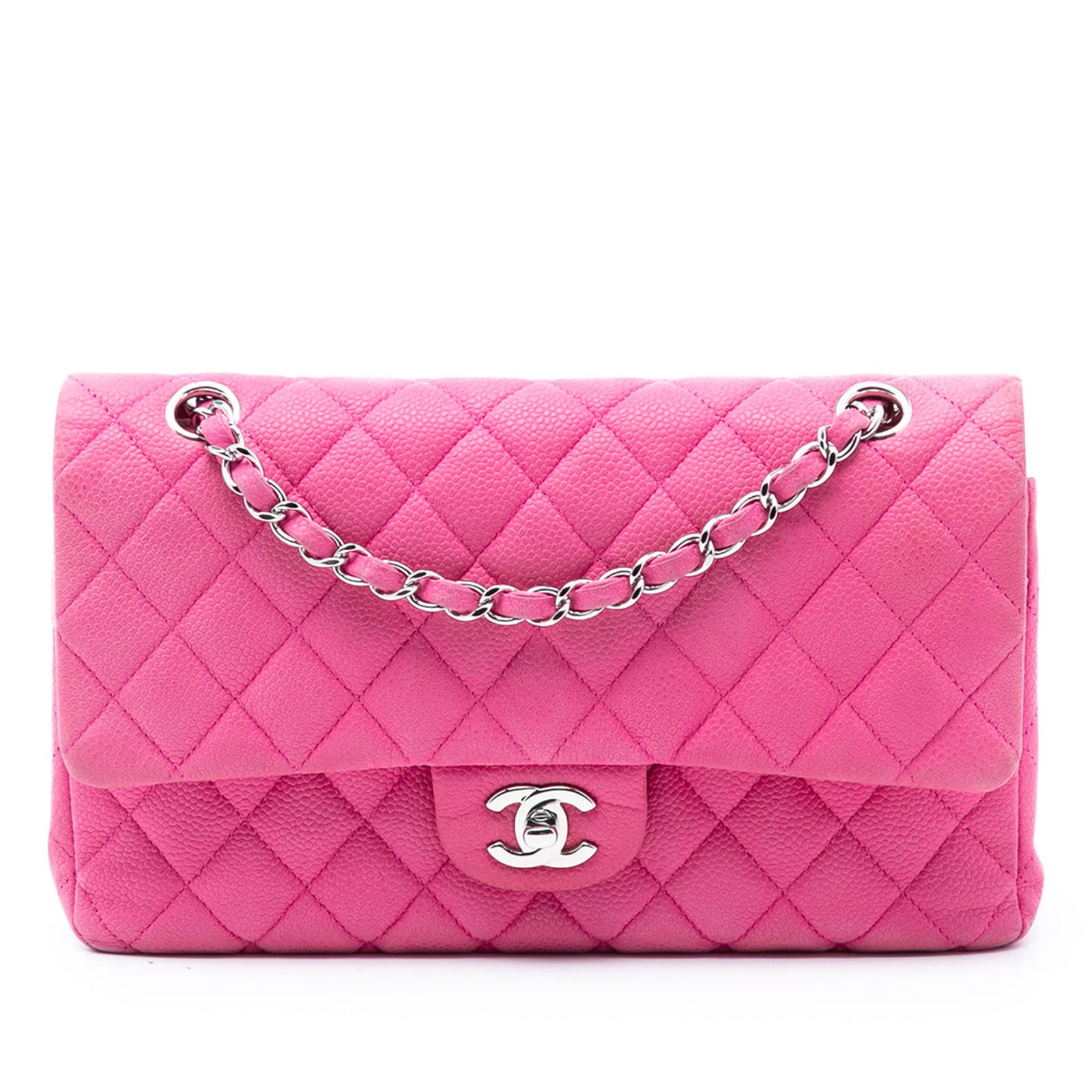 Pink Chanel Medium Classic Caviar Leather Double Flap Shoulder Bag: Pink Chanel Medium Classic Caviar Leather Double Flap Shoulder Bag This Chanel Medium Classic Double Flap shoulder bag is crafted from pink quilted caviar leather and features a leather-woven chain st
