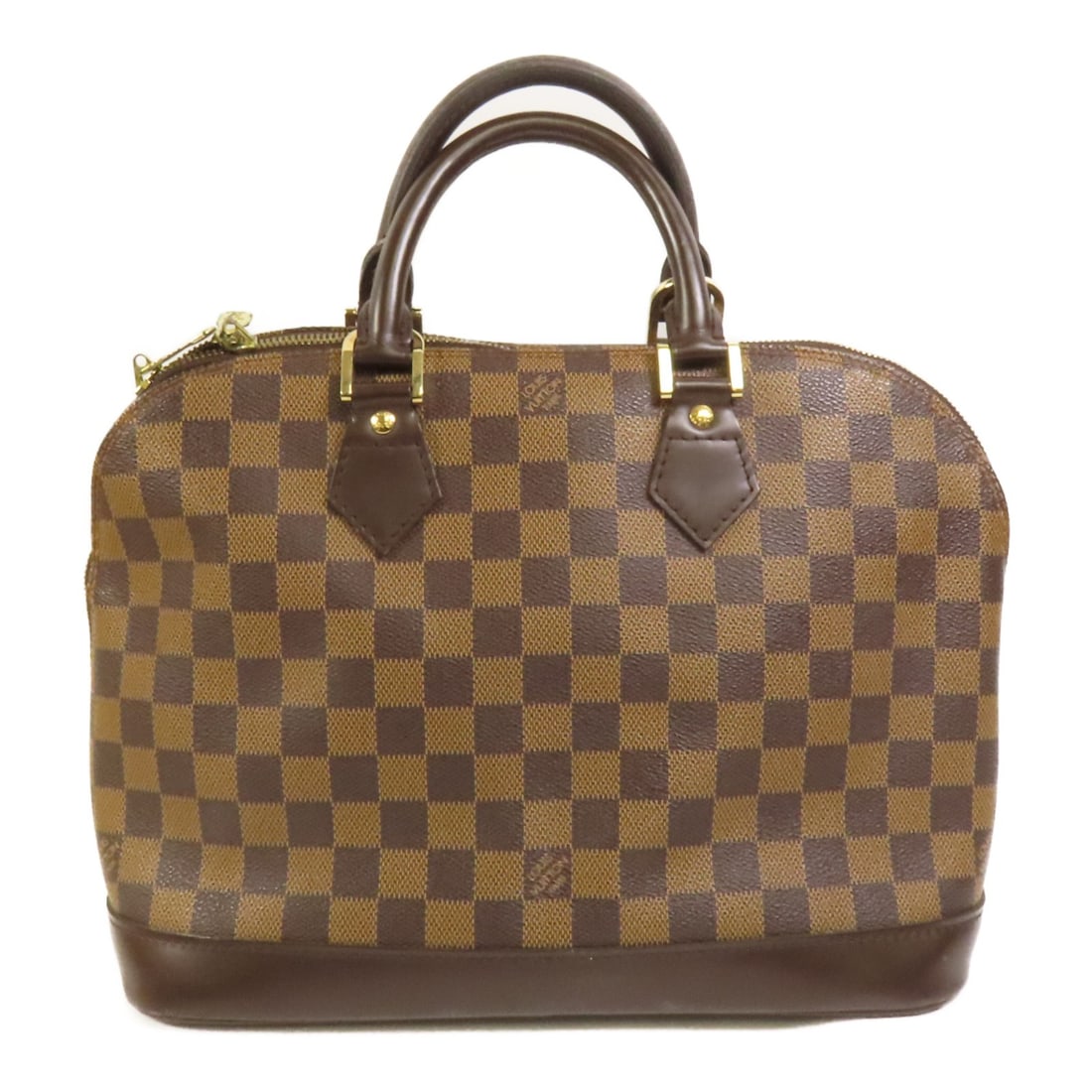 Louis Vuitton Alma MM Damier Brown Handbag with Gold Hardware: Louis Vuitton Alma MM Damier Brown Handbag with Gold Hardware This Louis Vuitton Alma MM handbag features the signature Damier brown pattern and is crafted from PVC coated canvas. Designed with gold t