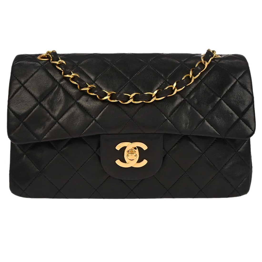 Small Classic Double Flap Shoulder Bag in Black Lambskin by Chanel: Small Classic Double Flap Shoulder Bag in Black Lambskin by Chanel This Chanel Classic Double Flap shoulder bag features black lambskin leather with the signature matelasse quilted pattern. Designed i