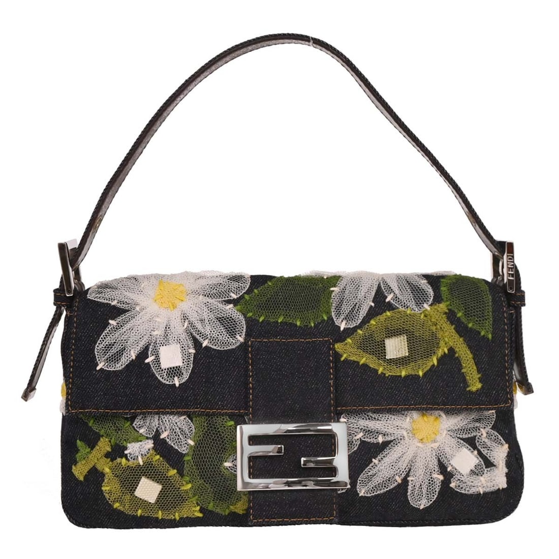Fendi Navy Denim Floral Baguette Handbag with Silver Hardware: Fendi Navy Denim Floral Baguette Handbag with Silver Hardware This Fendi Navy Denim Floral Baguette Handbag combines style and functionality, making it an ideal accessory for casual occasions. Crafted
