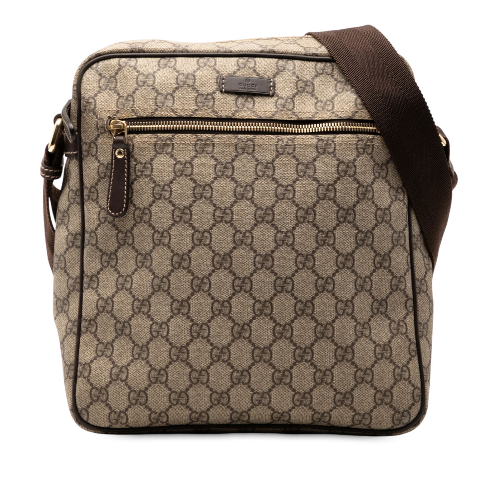 Brown GG Supreme Coated Canvas Crossbody Bag by Gucci: Brown GG Supreme Coated Canvas Crossbody Bag by Gucci This Gucci GG Supreme crossbody bag features a coated canvas body with leather trim, an adjustable flat canvas strap, a top zip closure, an exteri