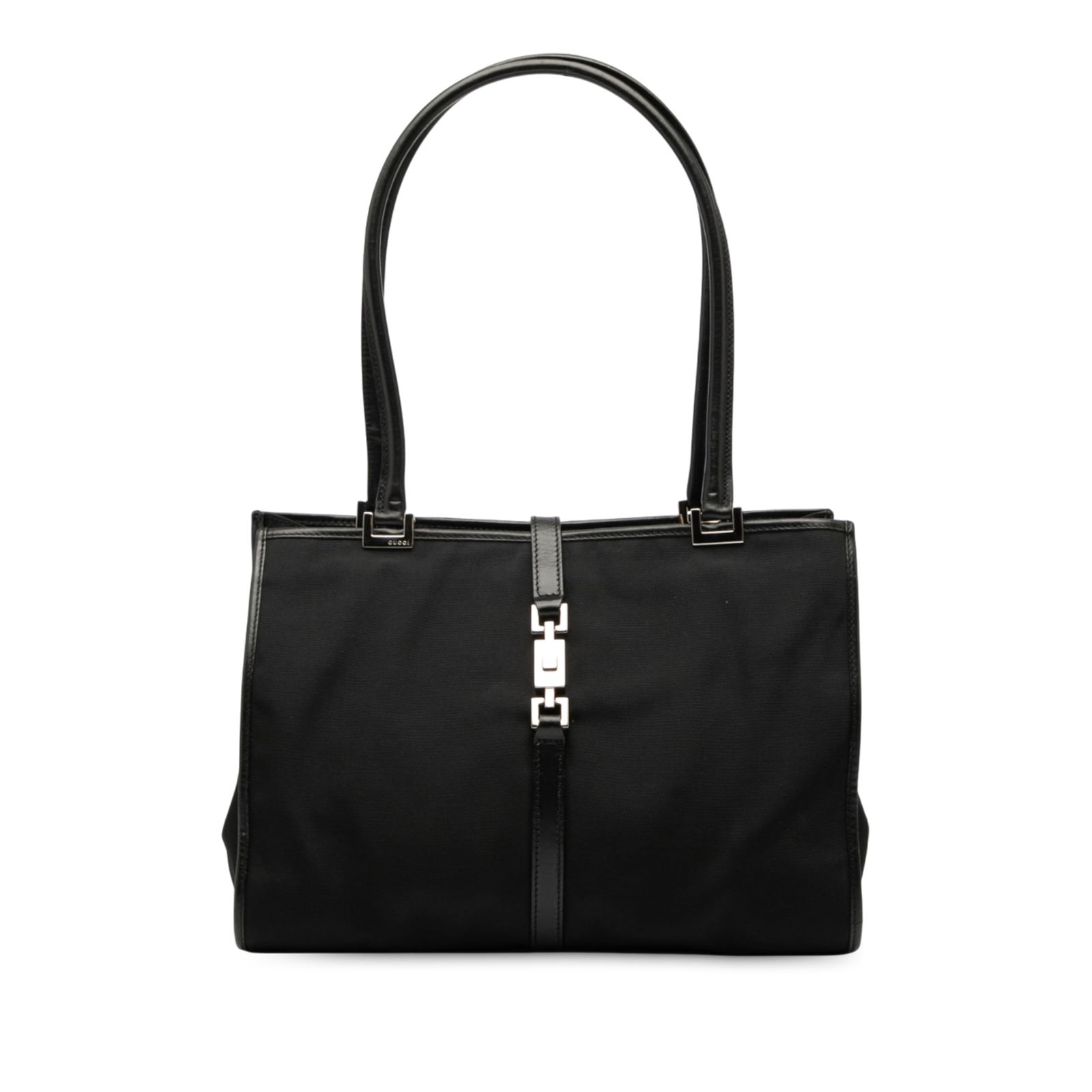 Gucci Black Nylon Jackie Tote with Leather Trim: Gucci Black Nylon Jackie Tote with Leather Trim The Gucci Nylon Jackie Tote is a stylish and functional handbag crafted from durable nylon with luxurious leather trim. It features rolled leather handl